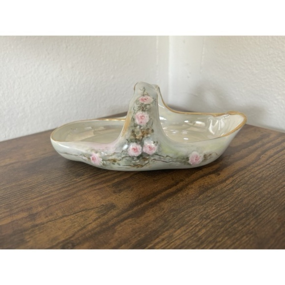 Antique French Limoges Handled Porcelain Basket Hand Painted Floral & Gold‎